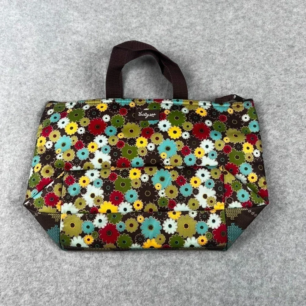 Thirty-One Thermal Lunch Picnic Tote Argyle Floral Trim Zipper Bag 14x7x4.5 - Picture 2 of 8
